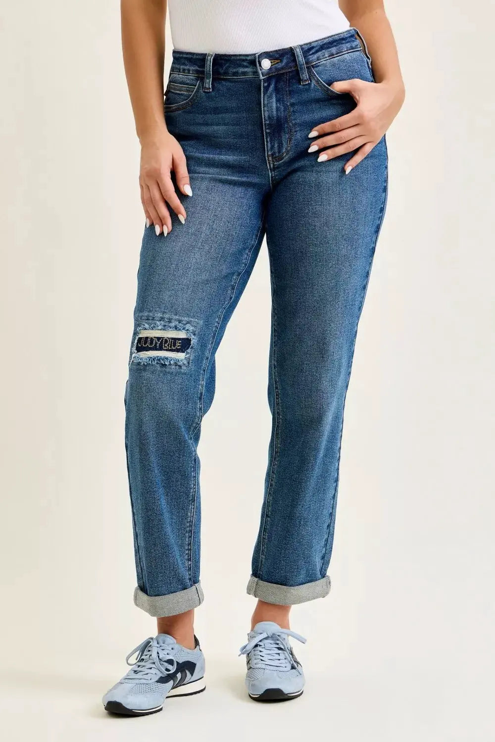 Judy Blue Mid Rise Boyfriend Embroidered Repair Patch Jeans by Judy Blue