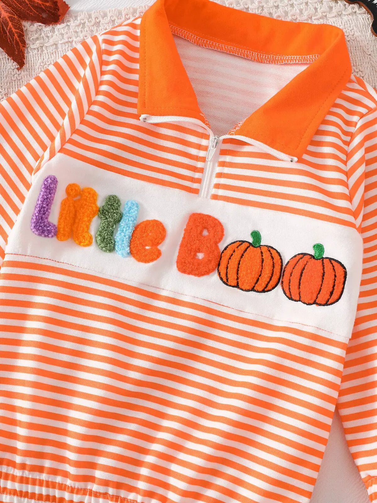 Children's Little Boo Halloween Striped Quarter-Zip Sweatshirt by Trendsi
