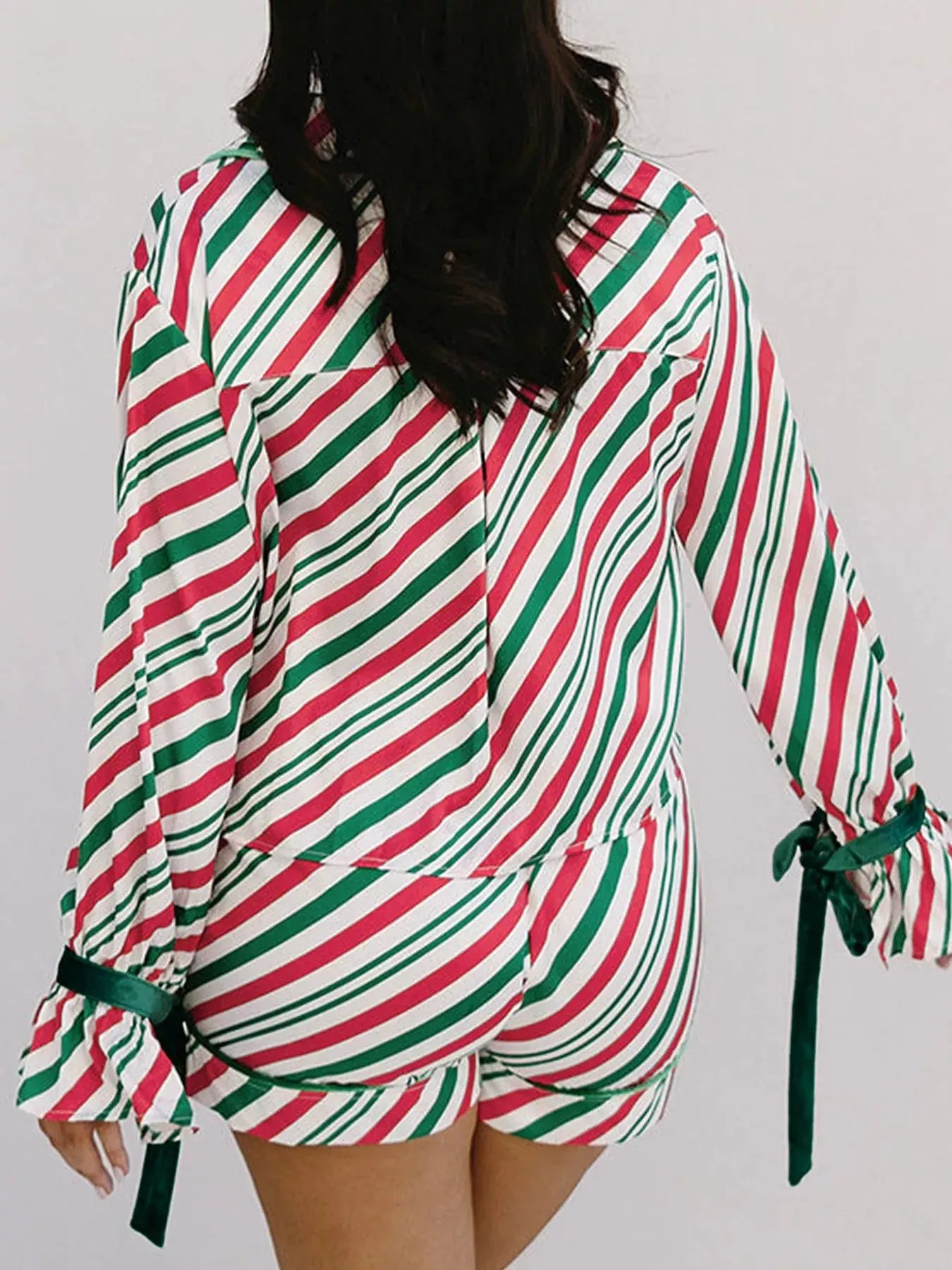 Stripe Contrast Velvet Ribbon Knot Christmas 2pcs Pajama Set by Partner Label
