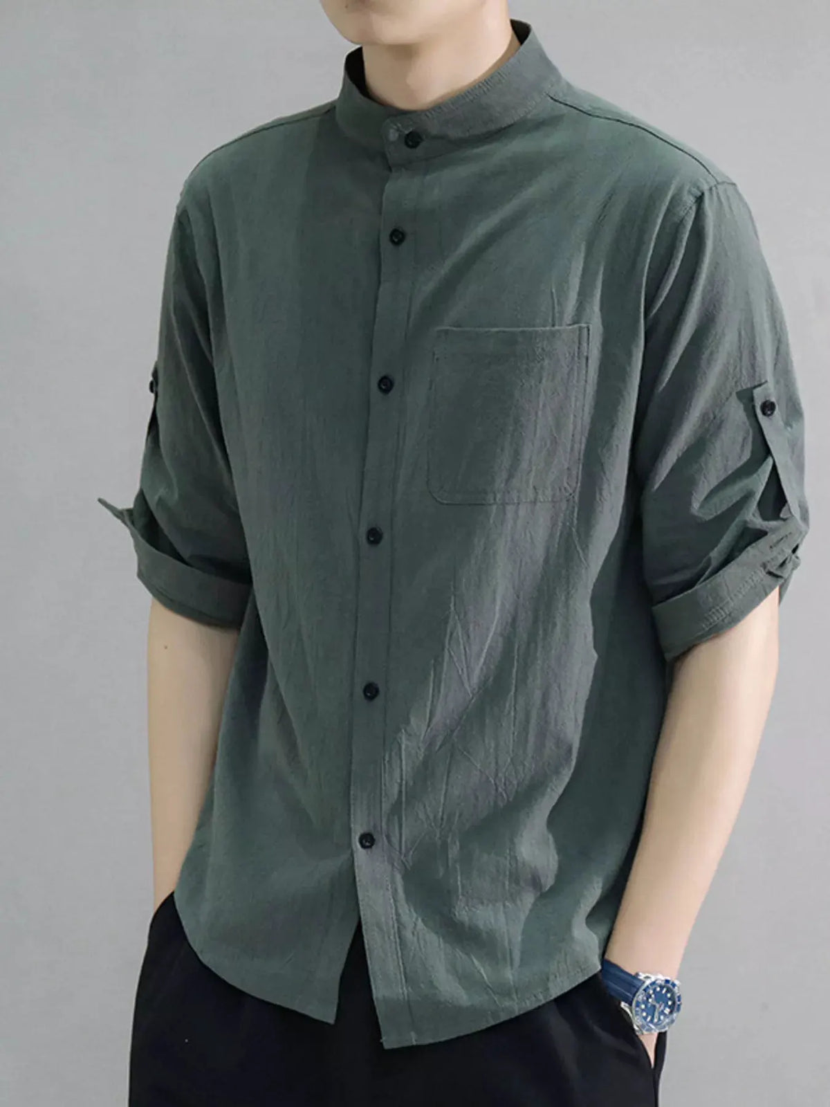 Men's Plus Size Button Up Roll-Up Sleeve Shirt by Trendsi