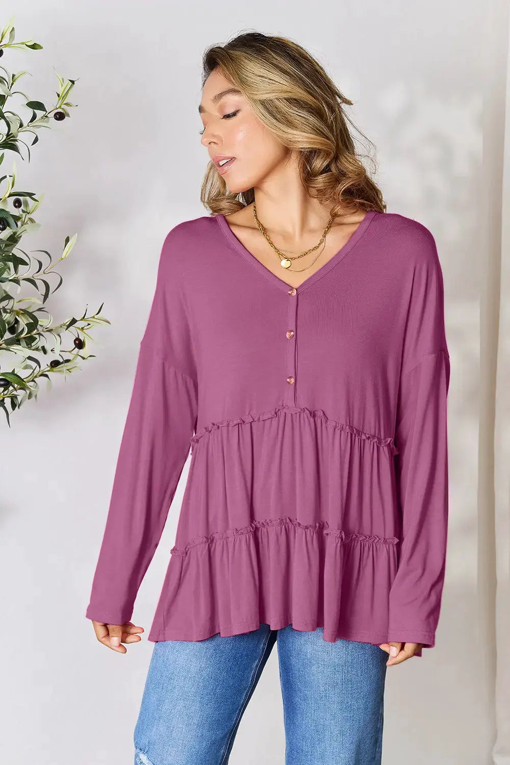 Double Take Half Button Long Sleeve Ruffle Hem Blouse by Double Take