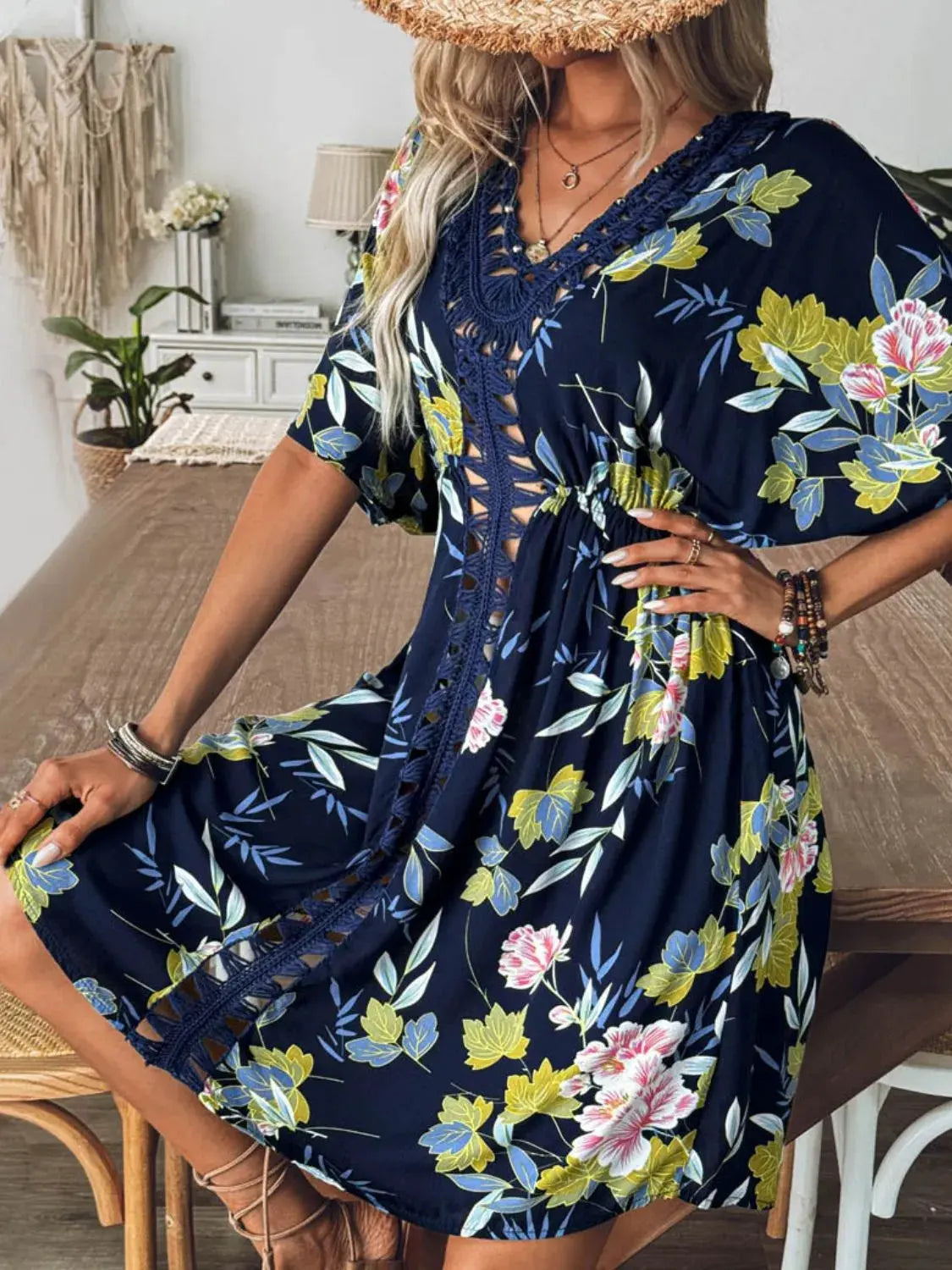 Crochet Front V-Neck Printed Cover-Up by Partner Label