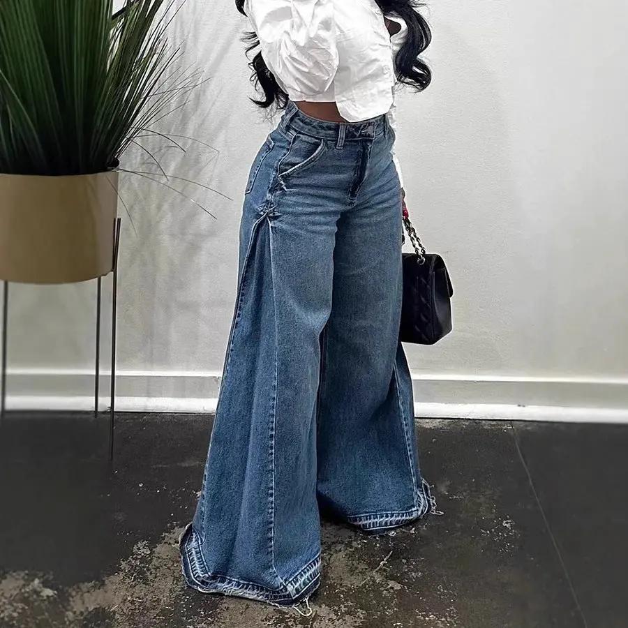 Loose Wide Leg Jeans Stitching Bell-bottom Pants Tassel Trousers by Maiden-Art