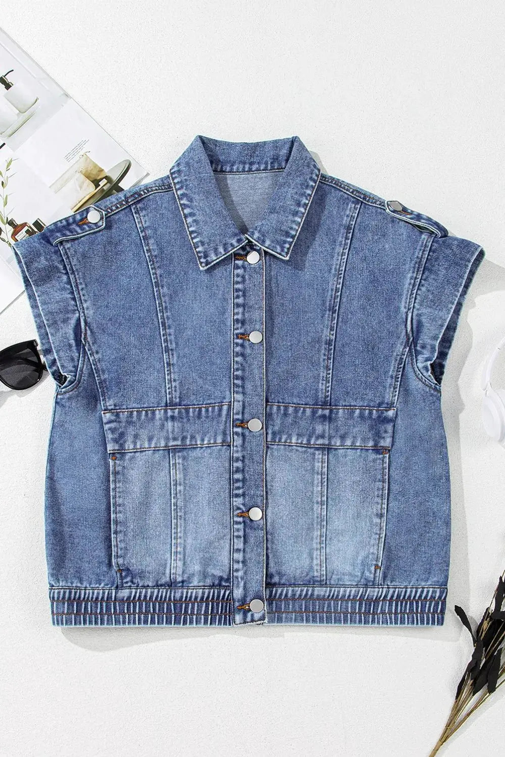 Button Up Cap Sleeve Denim Jacket by Partner Label