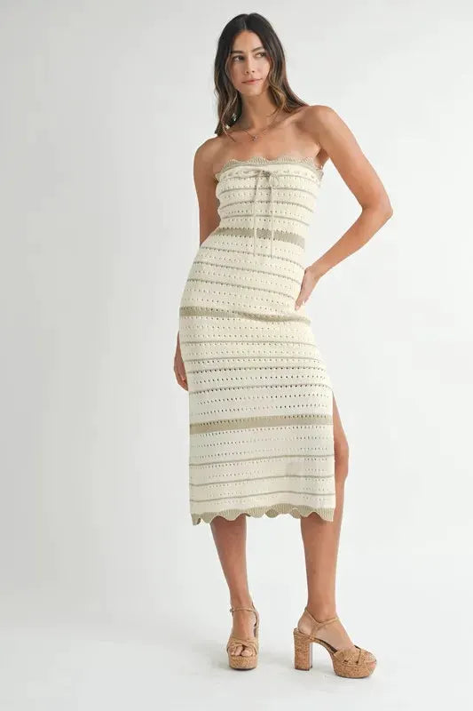 MABLE Contrast Striped Crochet Knit Midi Dress by MABLE
