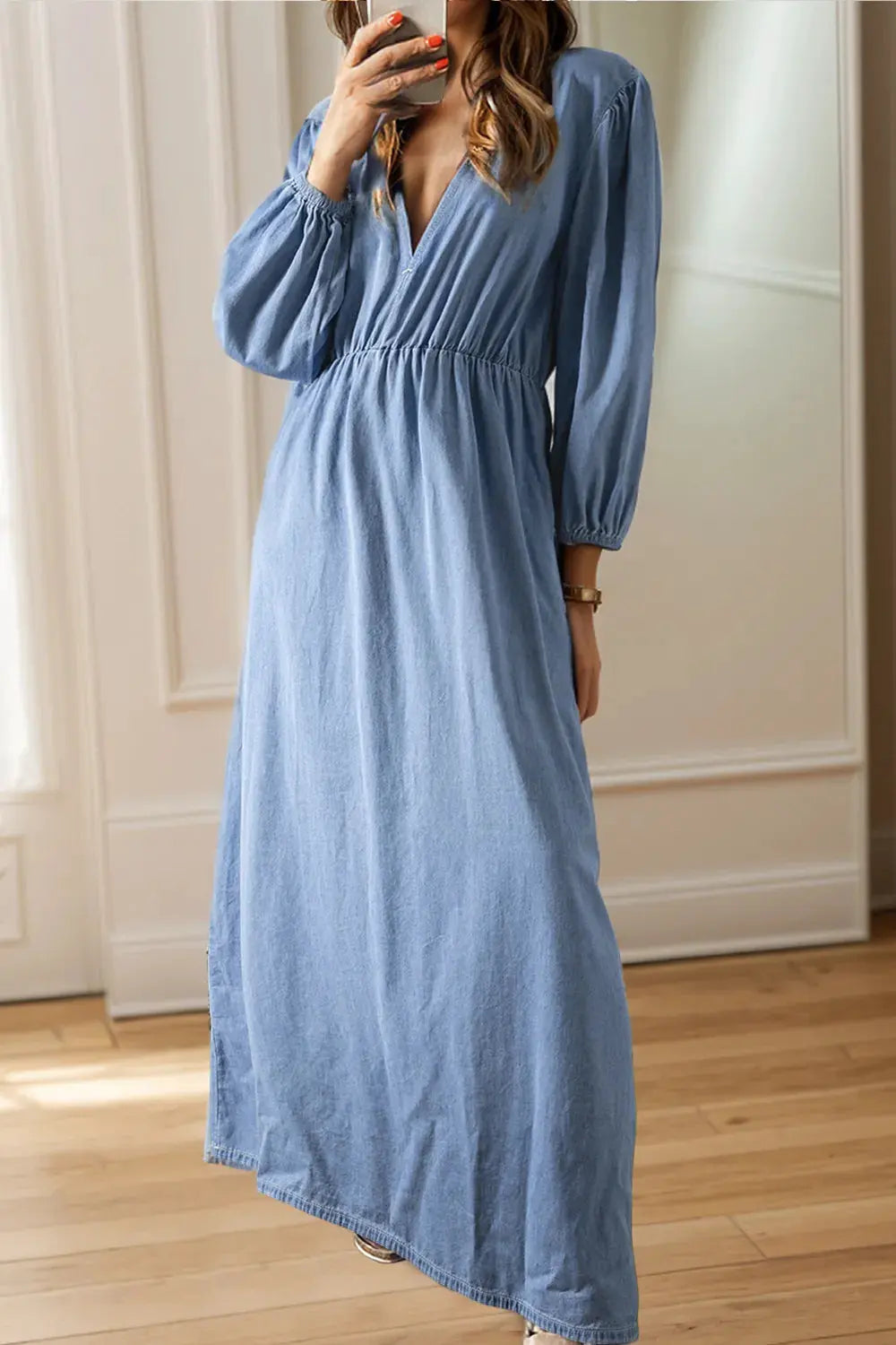 Tied Plunge Three-Quarter Sleeve Denim Dress by Partner Label