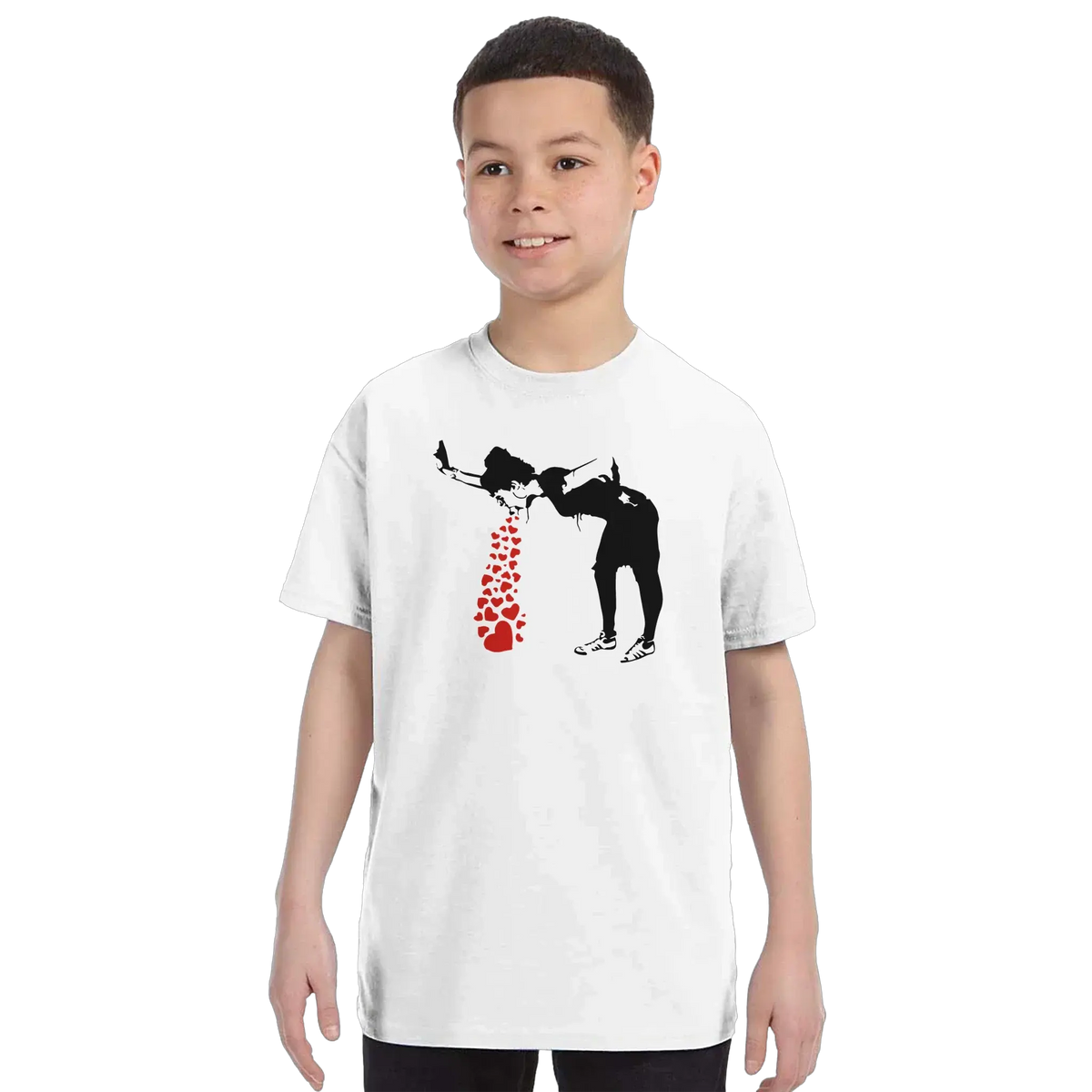 Banksy Lovesick Girl Throwing up Hearts artwork t-shirt by Art-O-Rama Shop