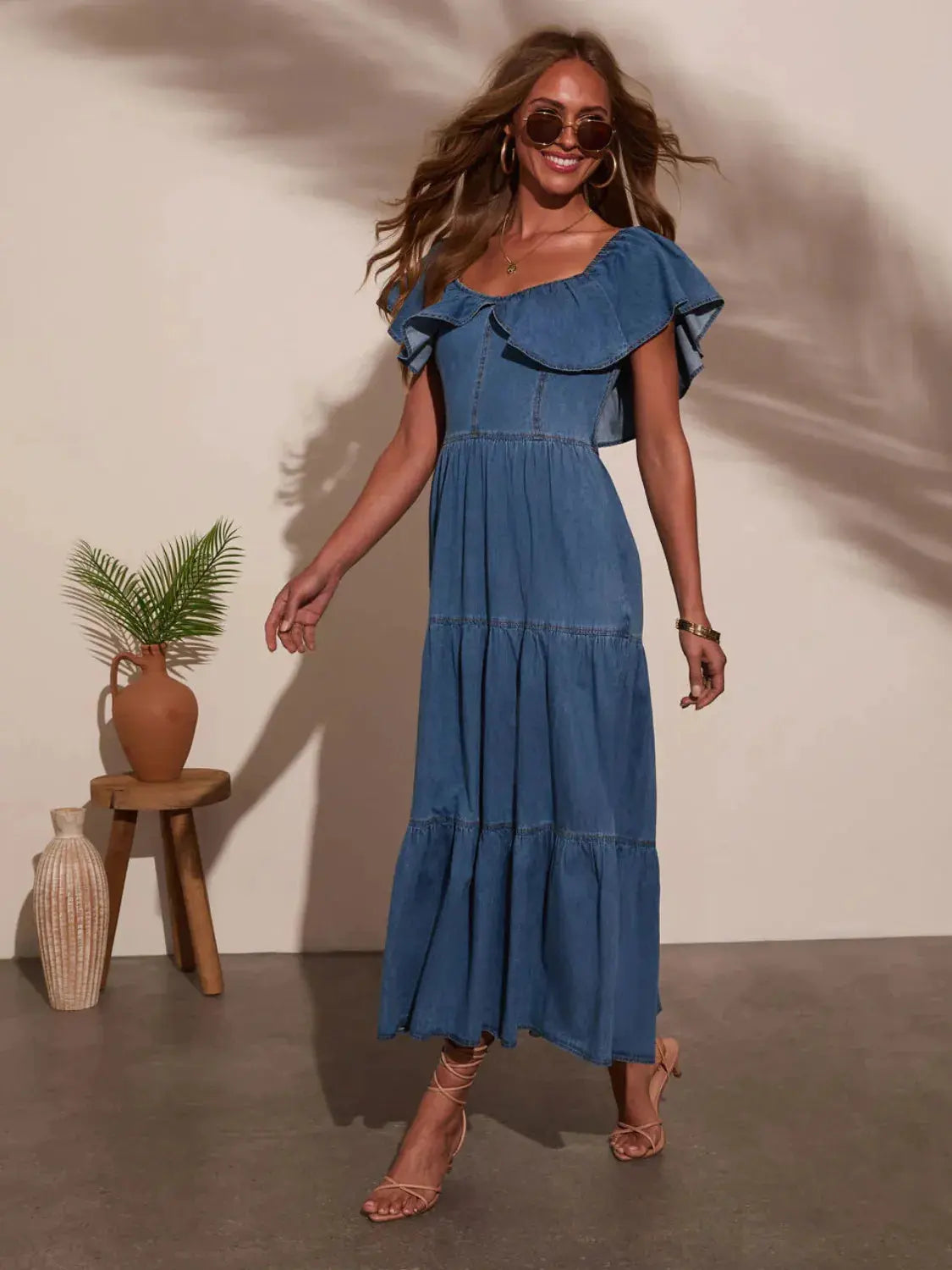 Off Shoulder Ruffle Tiered Denim Dress by Partner Label