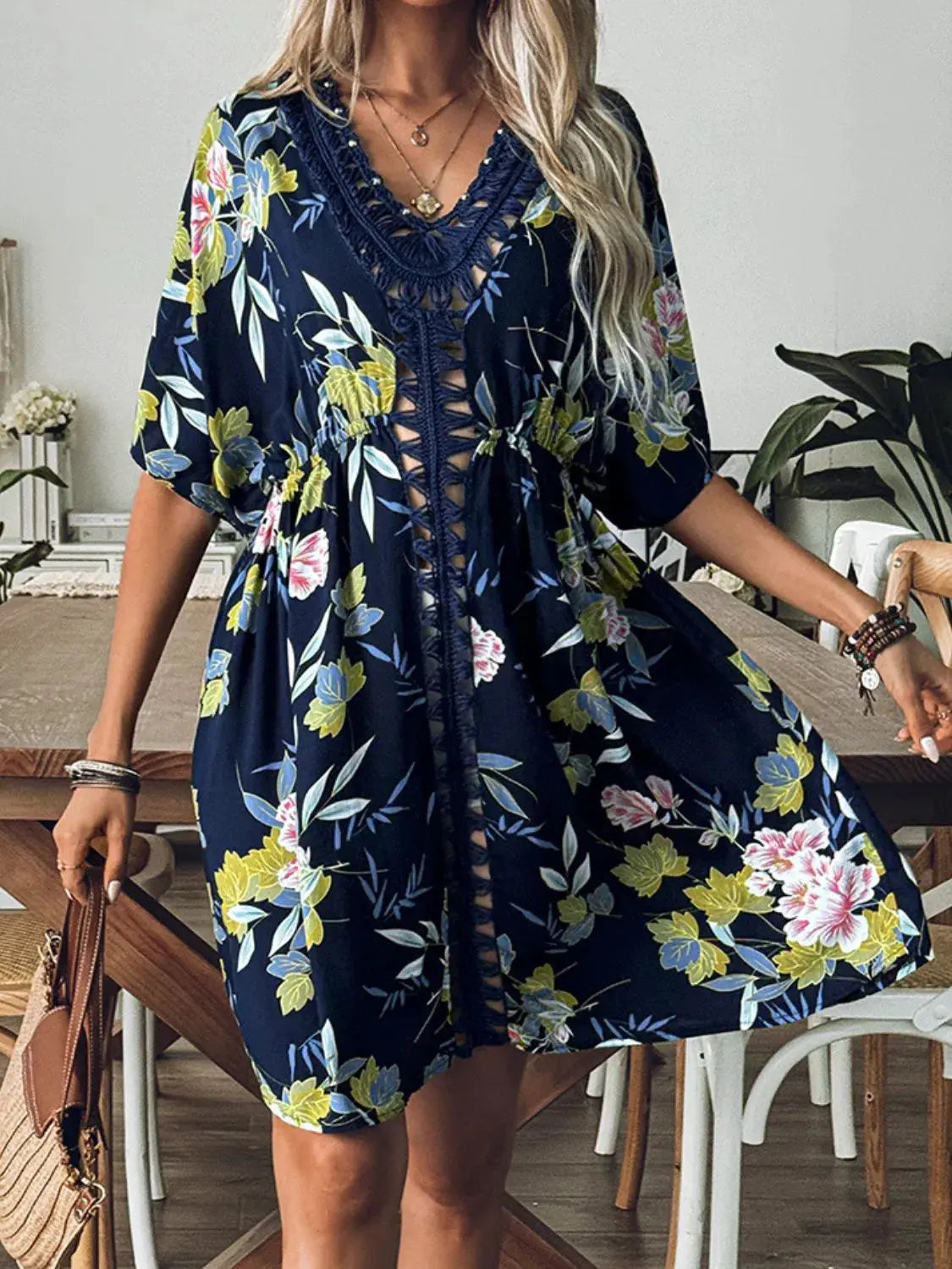 Crochet Front V-Neck Printed Cover-Up by Partner Label
