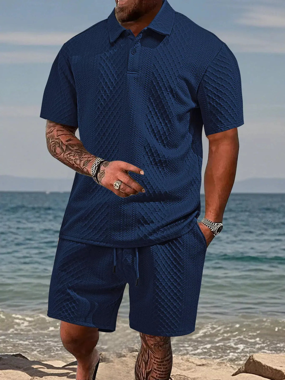 Men's Full Size Textured Knit Polo Shirt & Shorts Set Plus Size by Trendsi
