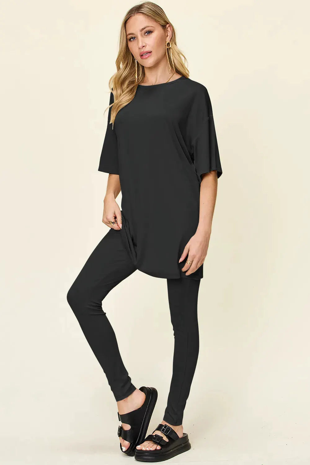 Double Take Full Size Round Neck Dropped Shoulder T-Shirt and Leggings Set by Double Take