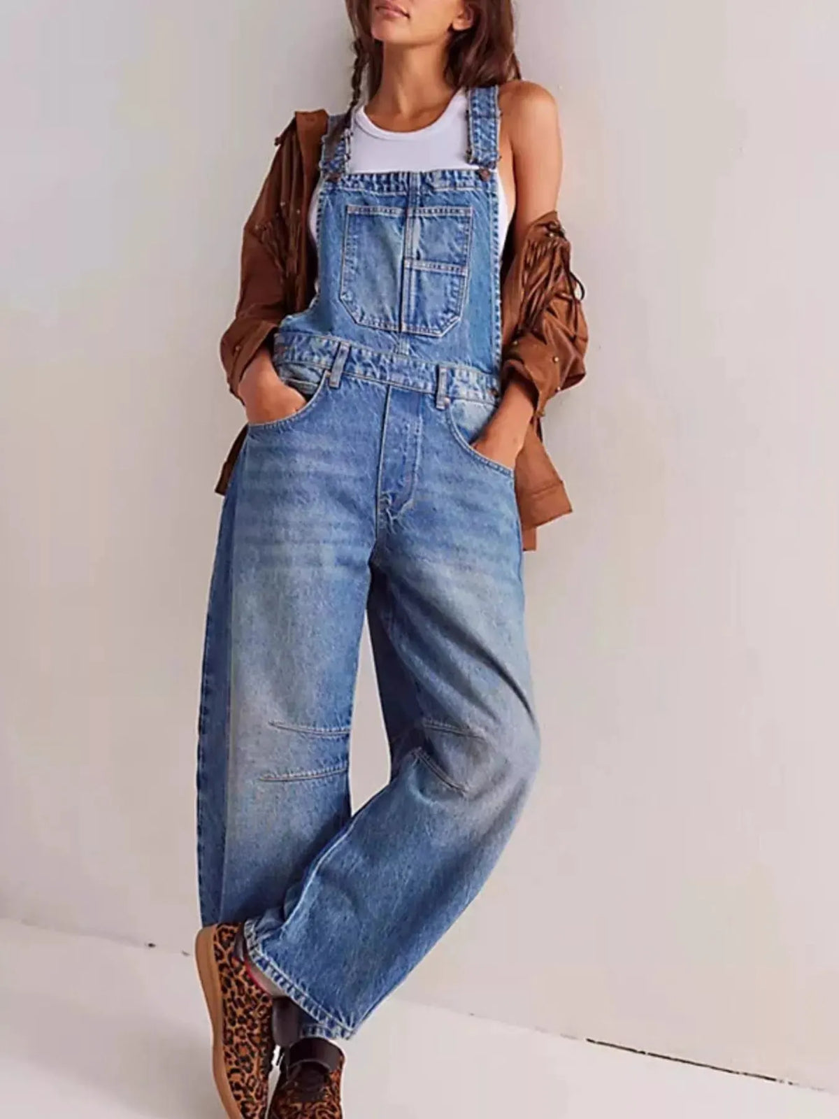 Wide Strap Wide Leg Denim Overalls by Partner Labels
