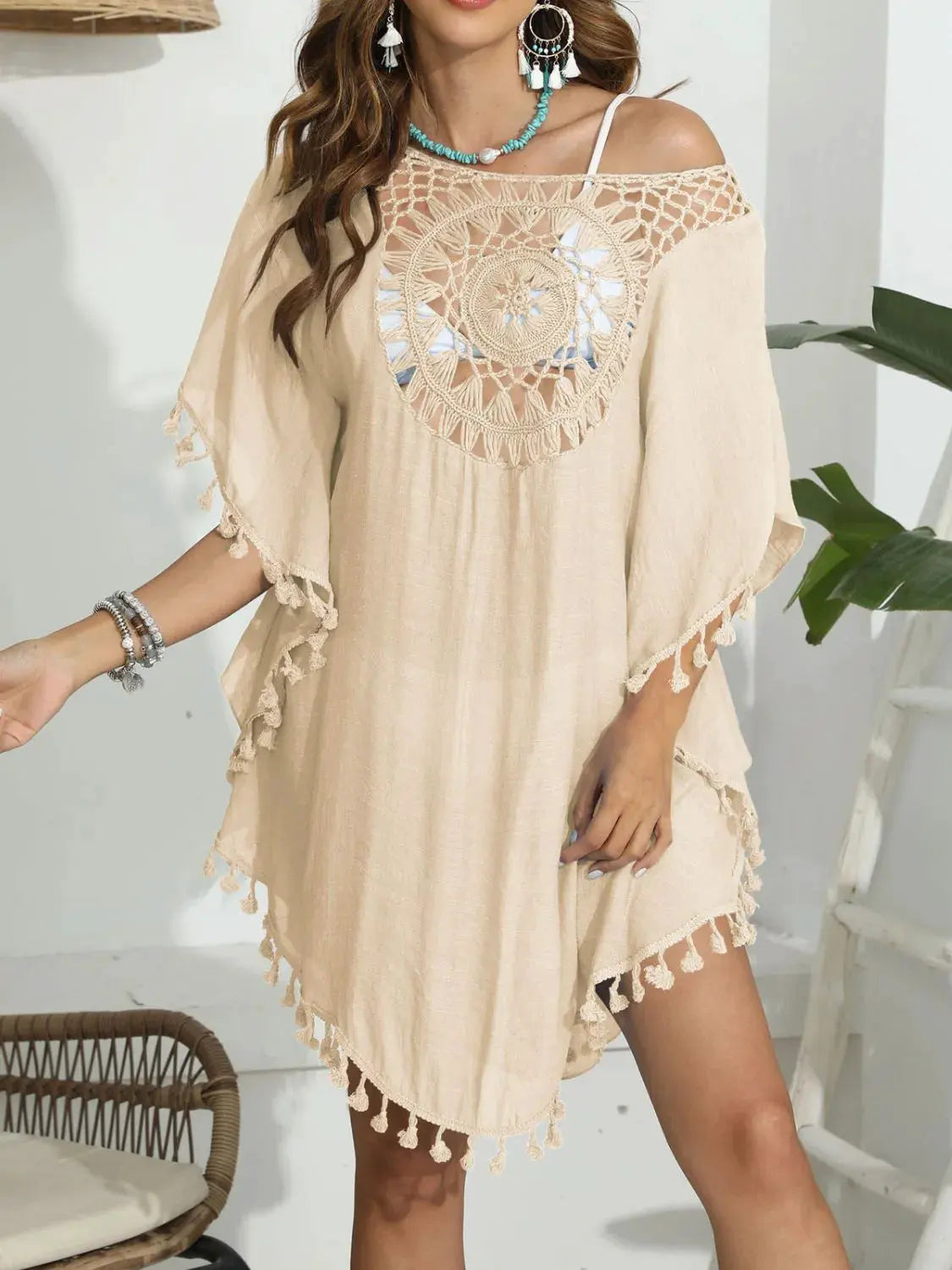 Tassel Crochet Round Neck Cover-Up by Partner Labels