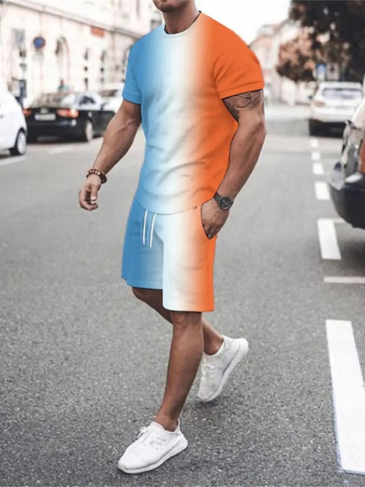 Men's Full Size Gradient Color Casual Tee and Shorts Plus Size Set by Trendsi