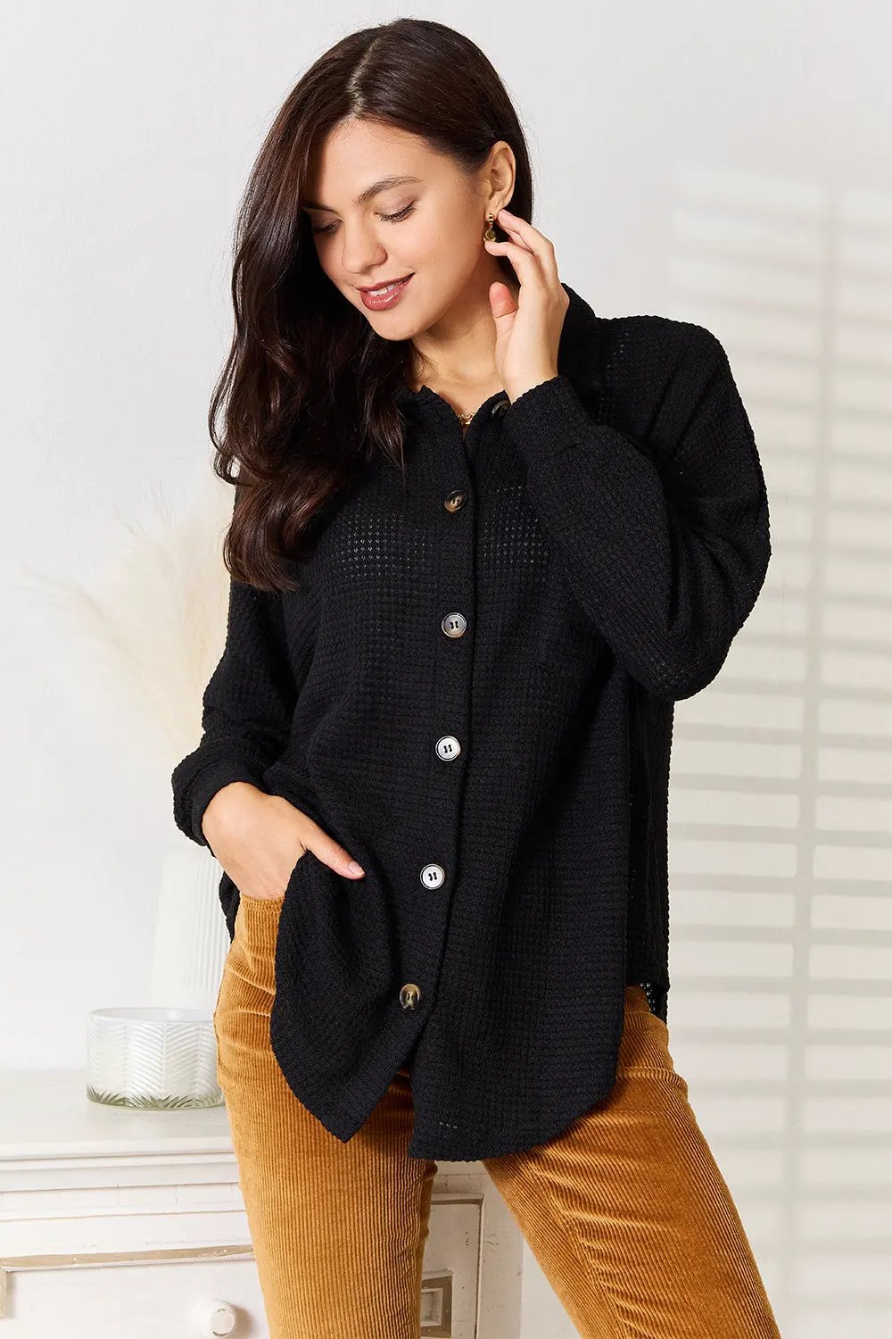 Double Take Waffle-Knit Collared Neck Dropped Shoulder Shirt by Double Take