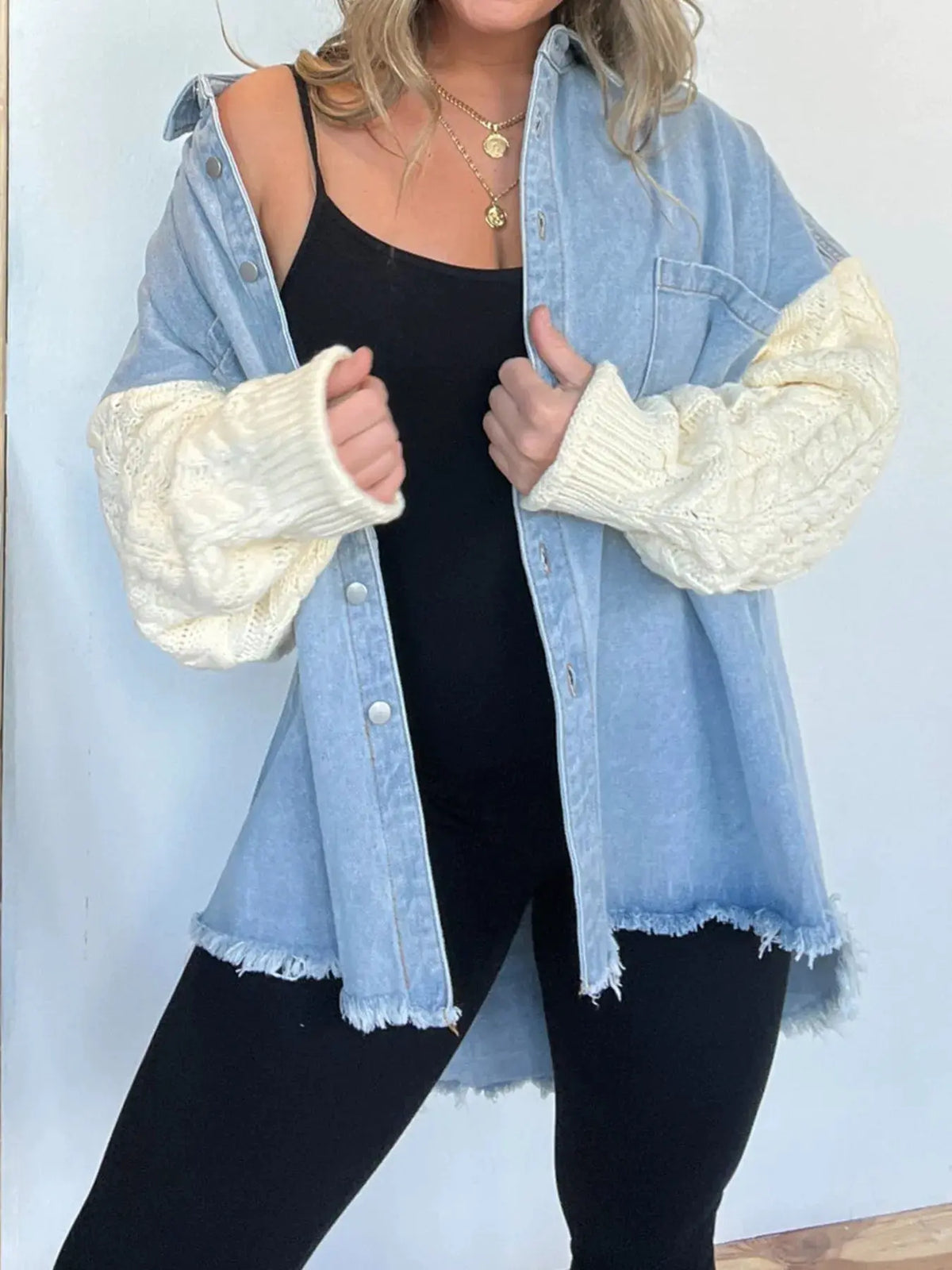 Full Size Raw Hem Button Up Patchwork Denim Jacket Plus Size by Partner Label