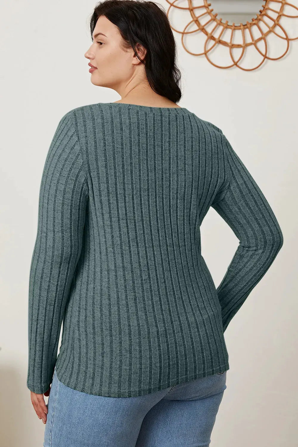 Full Size Ribbed V‑Neck Long Sleeve T‑Shirt | Partner Labels Selection by Partner Label