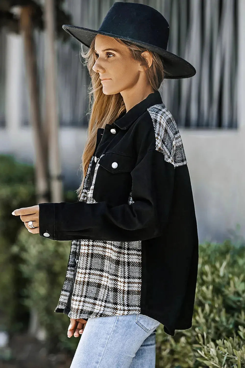 Plaid Pocketed Button Up Denim Jacket by Partner Label