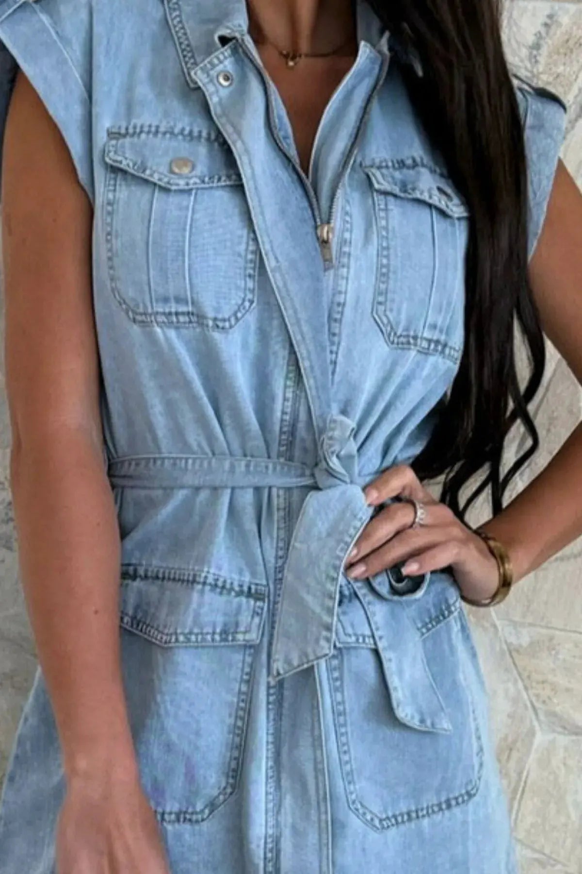 Casual Tie Waist Denim Mini Dress by Partner Label