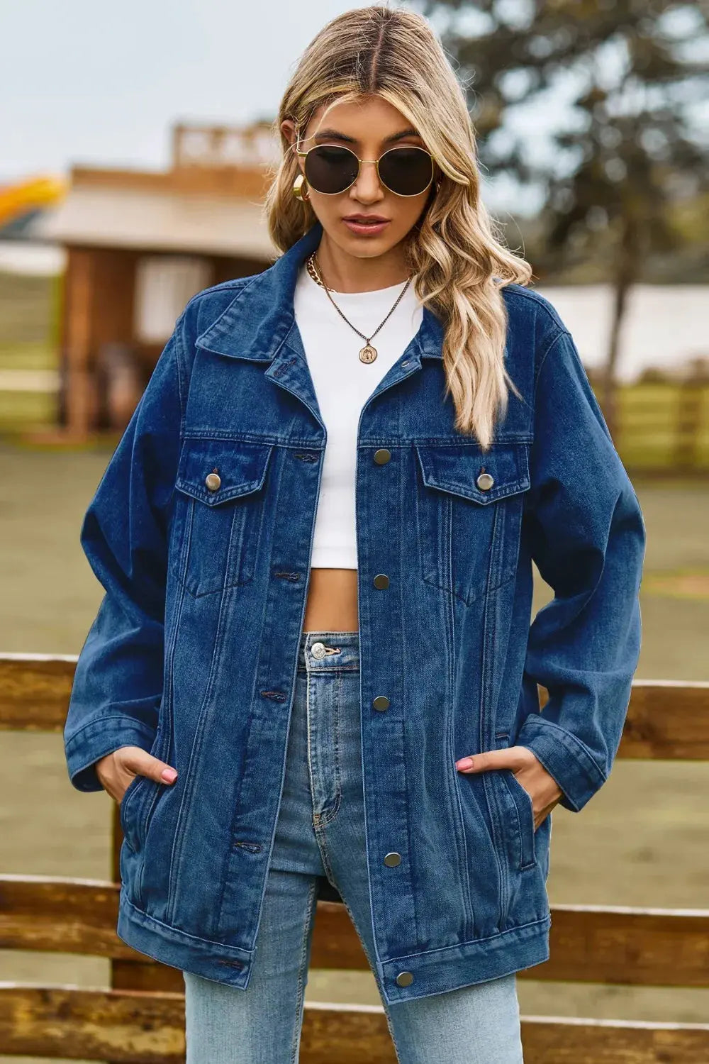 Buttoned Collared Neck Denim Jacket with Pockets by Partner Label