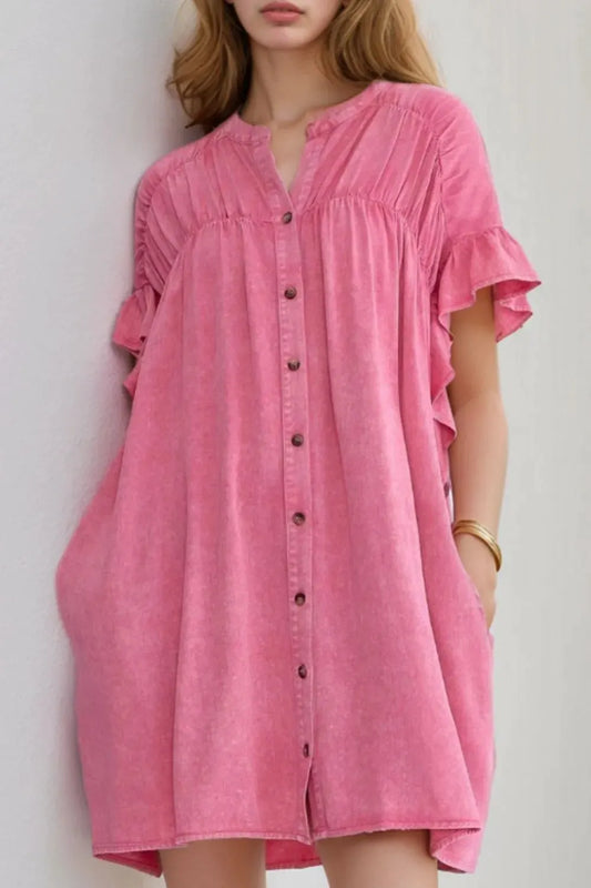 Ruffled Short Sleeve Buttoned Denim Mini Dress by Partner Label