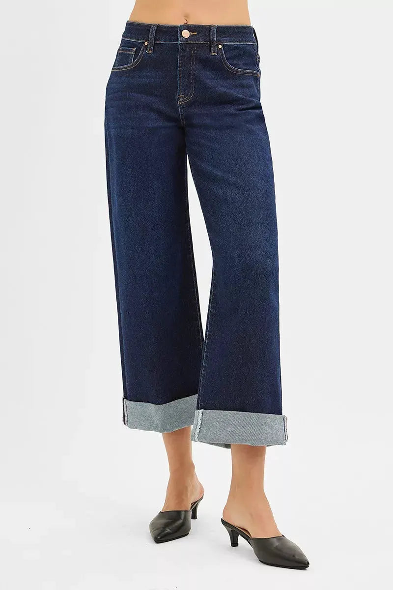 RISEN Mid Rise Fit Ankle Wide Roll Up Jeans by RISEN