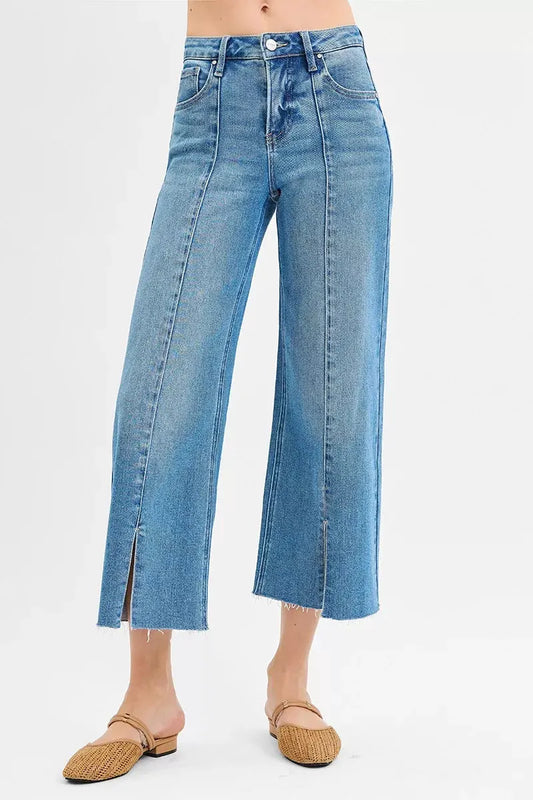 RISEN Tummy Control Mid Rise Crop Wide Front Slit Jeans by RISEN