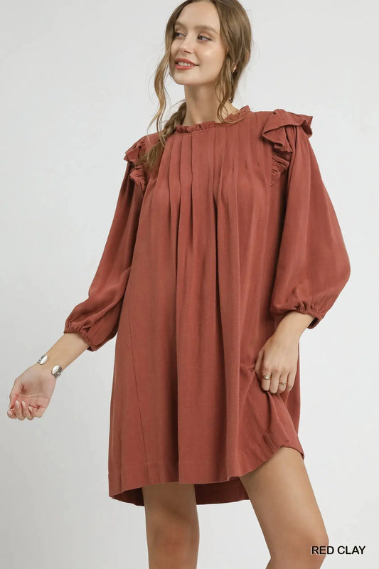 Umgee Linen Ruffle Shoulder Pleated Babydoll Dress by Umgee