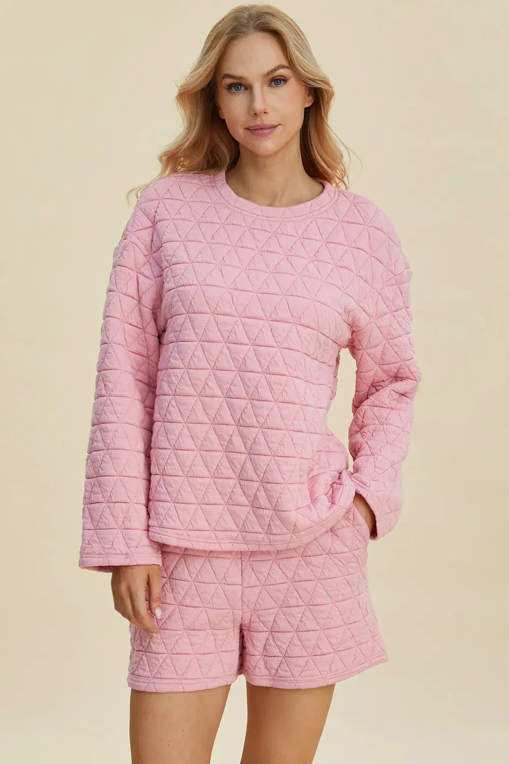 Double Take Full Size Texture Round Neck Long Sleeve Top and Shorts Set by Double Take