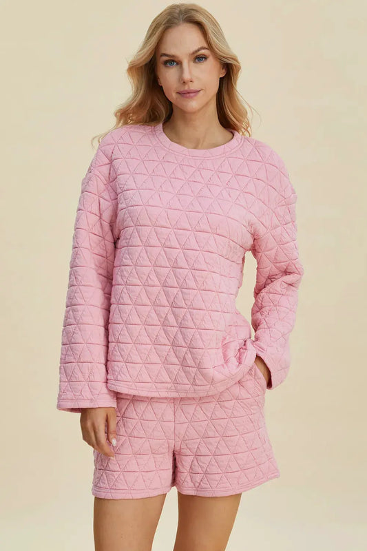 Double Take Full Size Texture Round Neck Long Sleeve Top and Shorts Set by Double Take