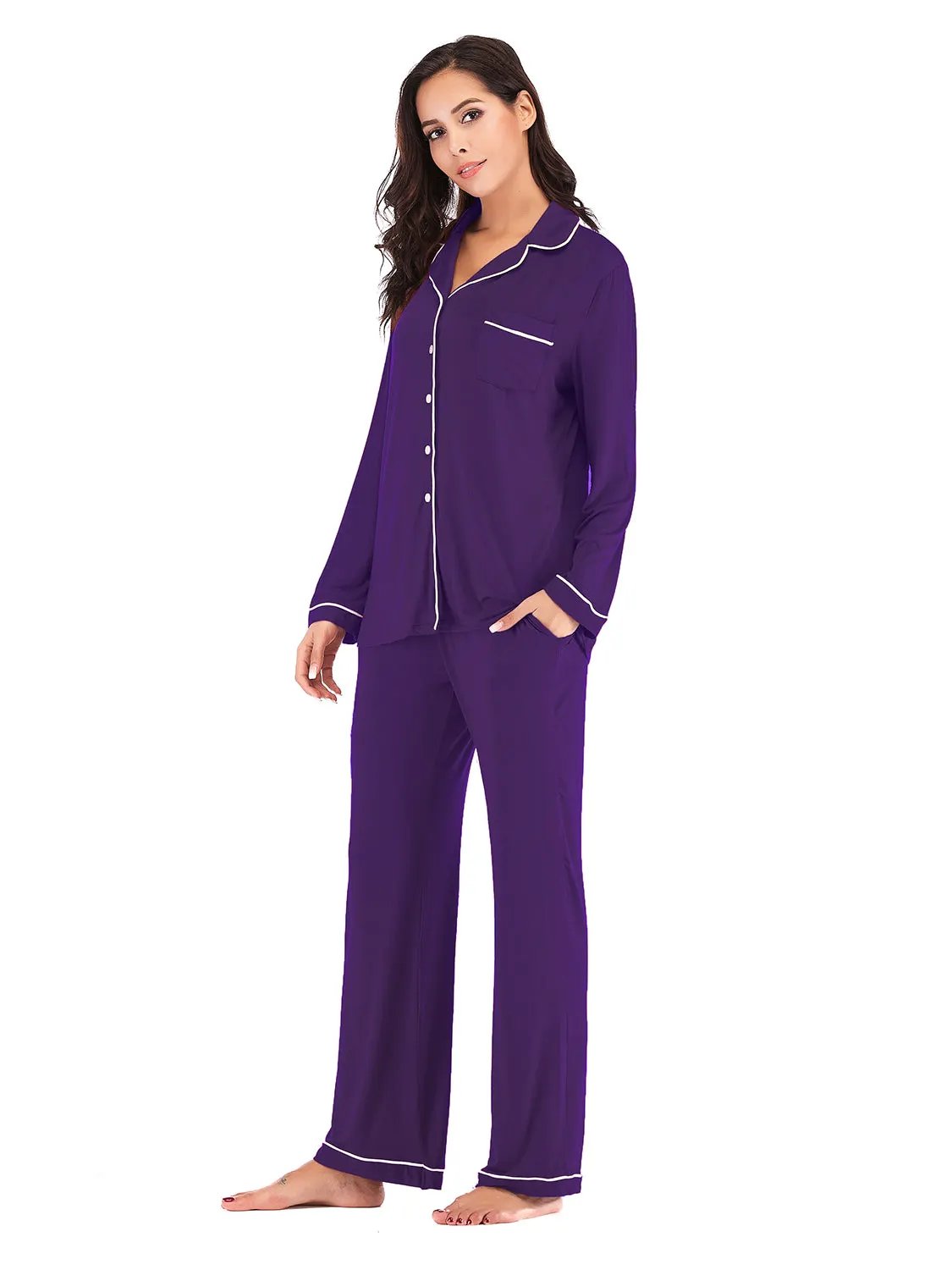 Collared Neck Long Sleeve Loungewear Set with Pockets by Partner Label