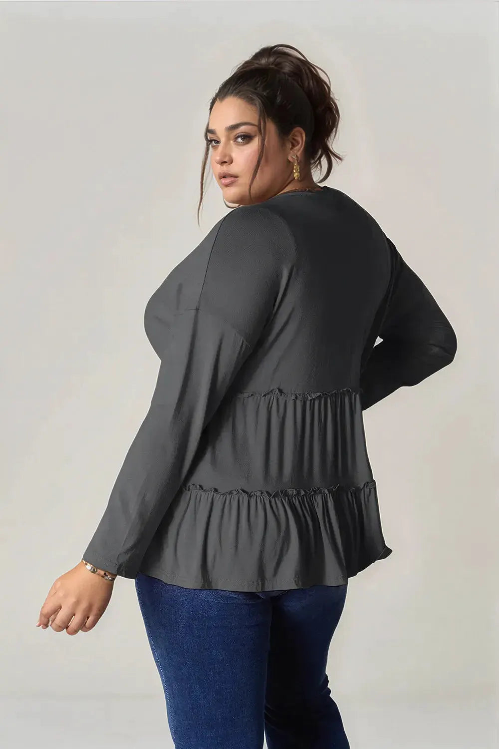 Double Take Half Button Long Sleeve Ruffle Hem Blouse by Double Take