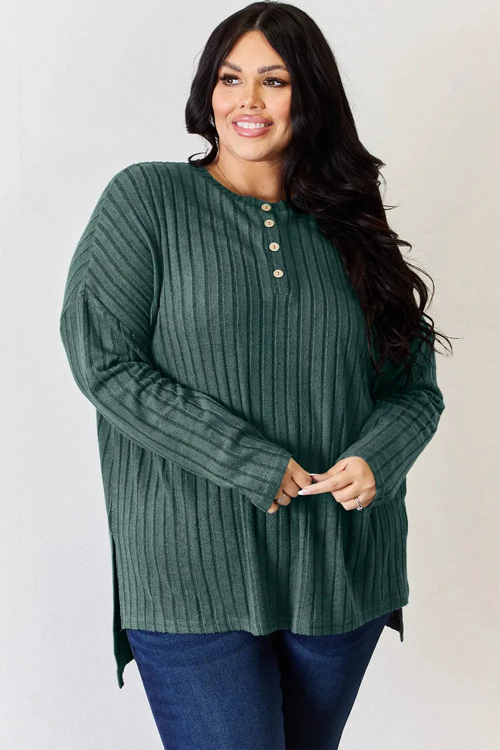 Basic Bae Full Size Ribbed Half Button Long Sleeve High-Low T-Shirt by Basic Bae