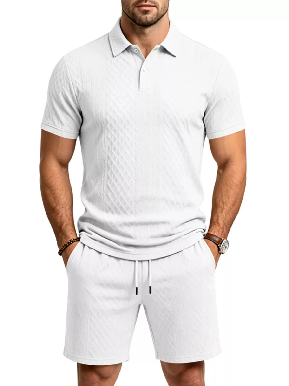 Men's Full Size Textured Short Sleeve Polo and Shorts Set Plus Size by POL