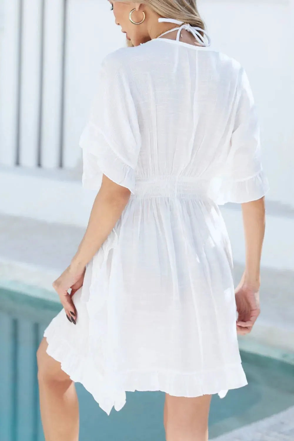 Ruffled Smocked Waist V-Neck Cover-Up by Partner Labels