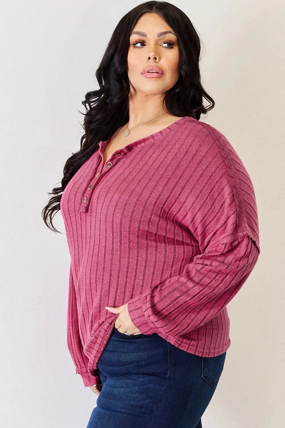 Basic Bae Full Size Ribbed Half Button Long Sleeve High-Low T-Shirt by Basic Bae