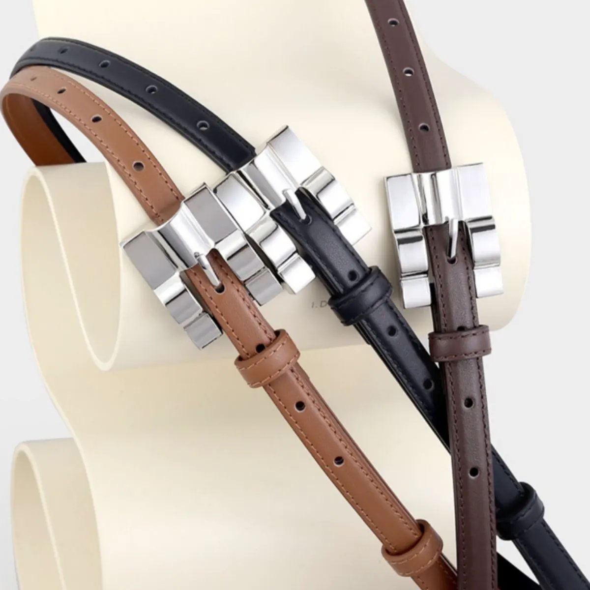 Skinny Leather Belt with Silver Buckle by Trendsi