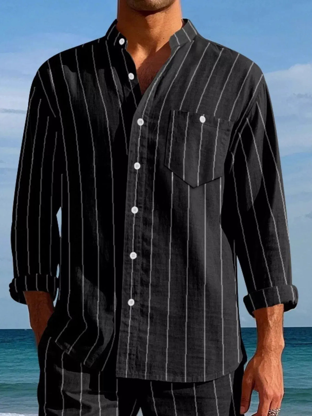 Men's Full Size Striped Button Up Shirt Plus Size by Trendsi
