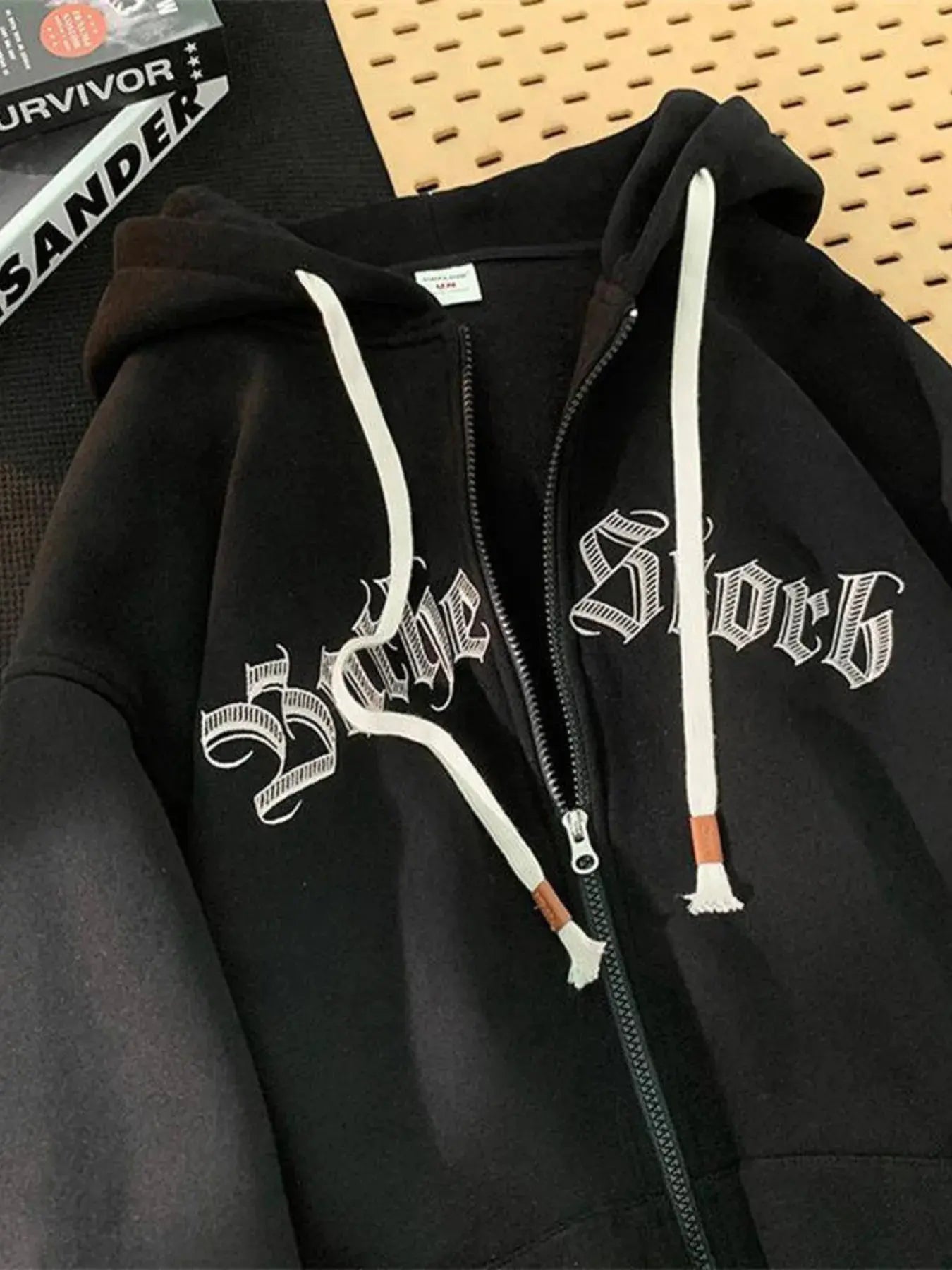 Men's Plus Size Letter Zip Up Drawstring Hoodie by Trendsi