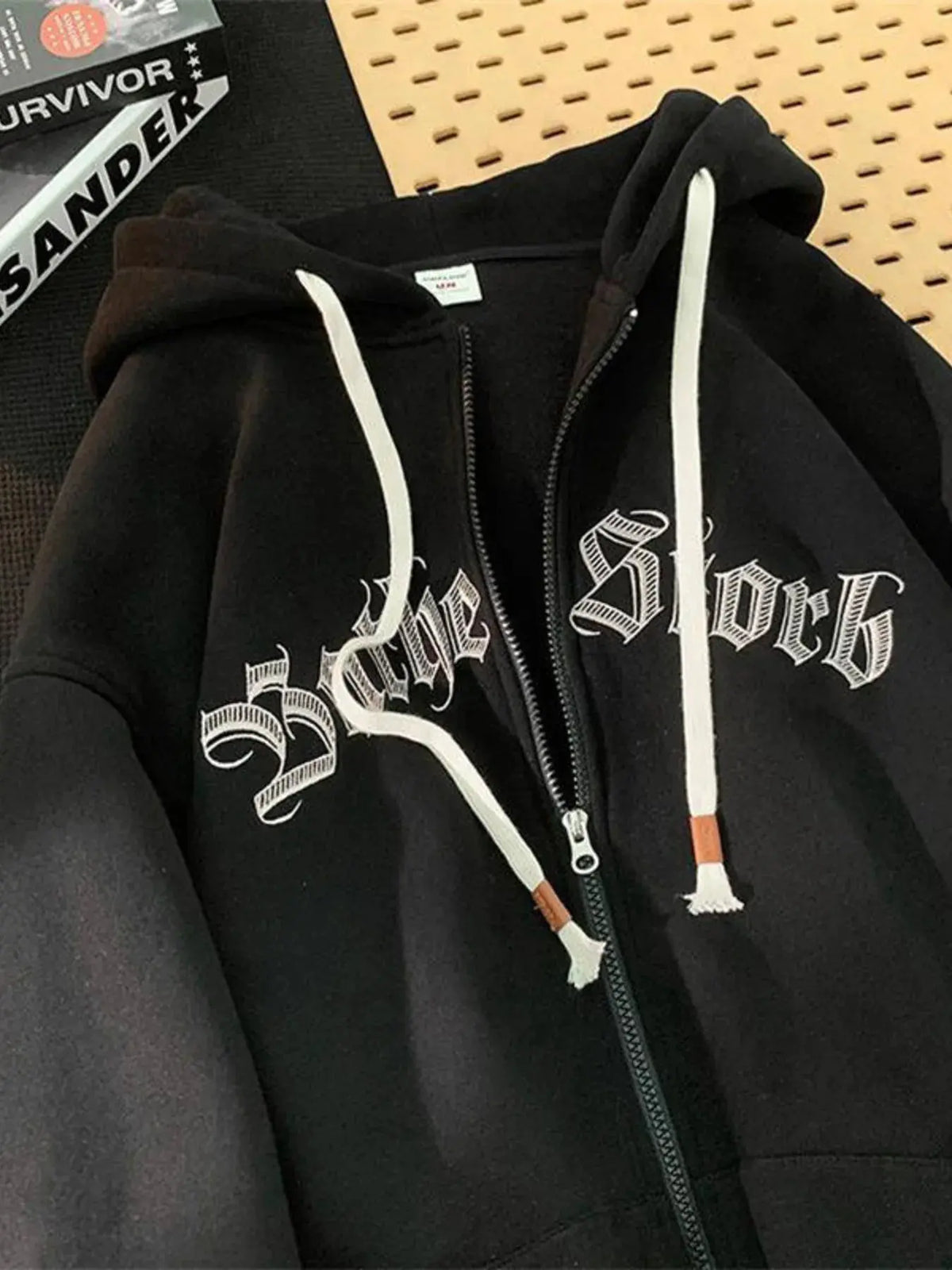 Men's Plus Size Letter Zip Up Drawstring Hoodie by Trendsi