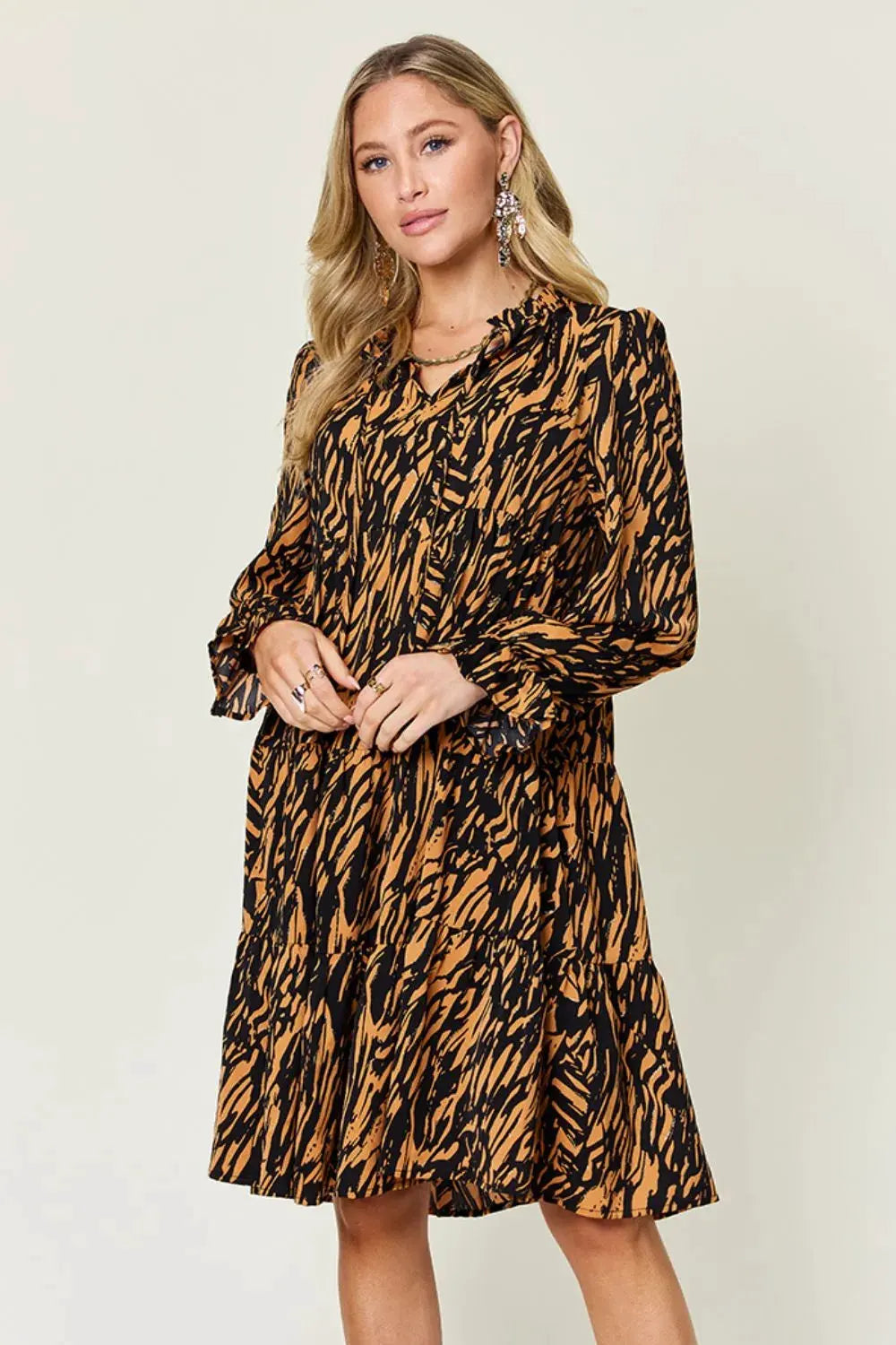Double Take Full Size Printed Ruffle Hem Long Sleeve Dress by Double Take