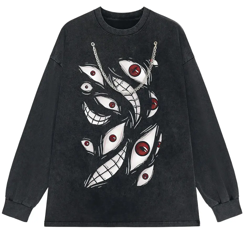 Harajuku Anime Eyes Graphic Washed T-Shirt Men Streetwear Cotton Tee by Vimost Shop