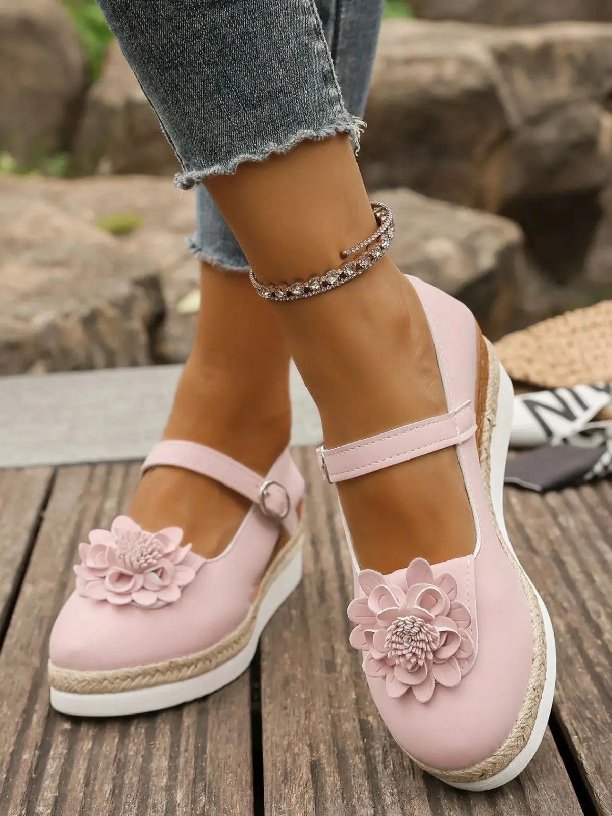Flower Embellished Mary Jane Loafers by Partner Label