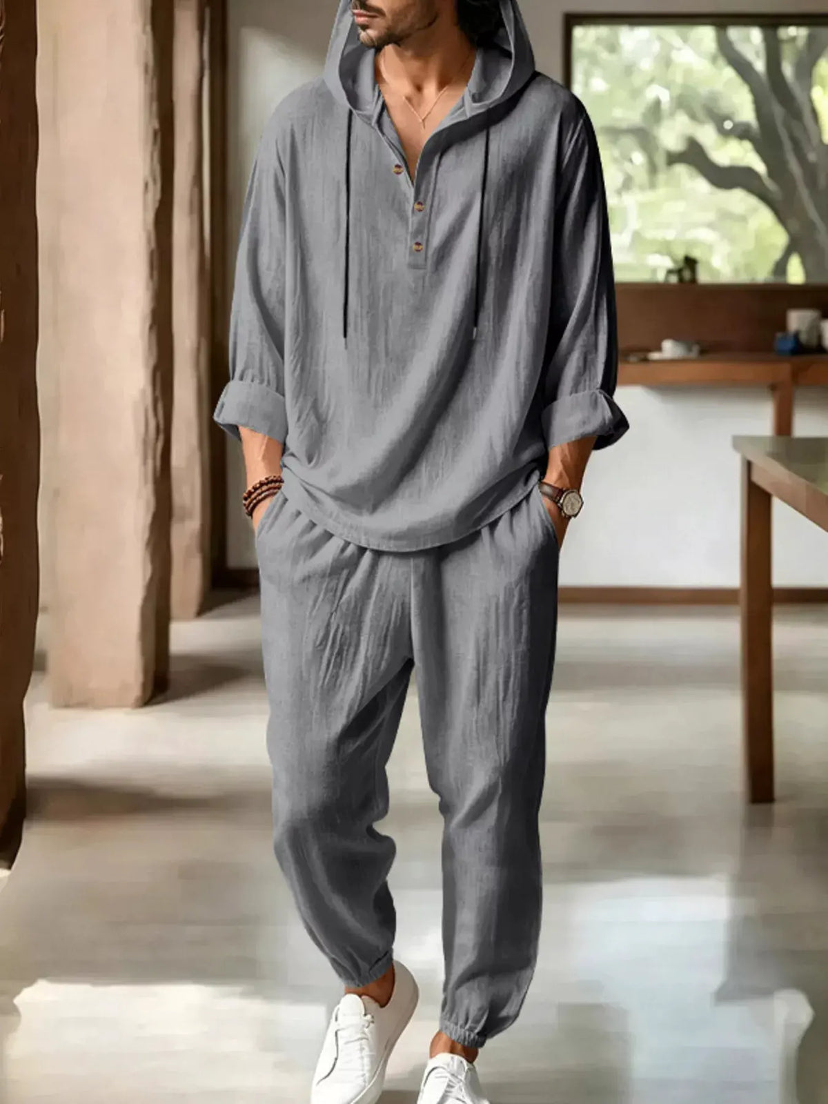 Men's Full Size Casual Button Detail Hooded Top and Pants Set Plus Size by Partner Label