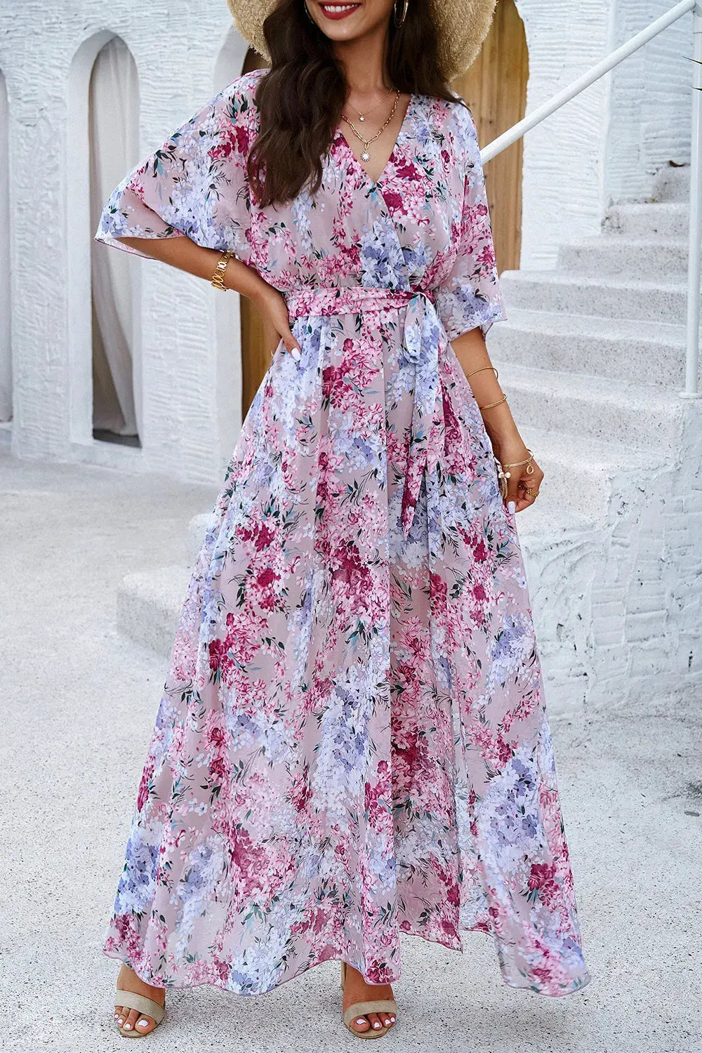 Devine Printed Tied Half Sleeve Slit Dress by Devine