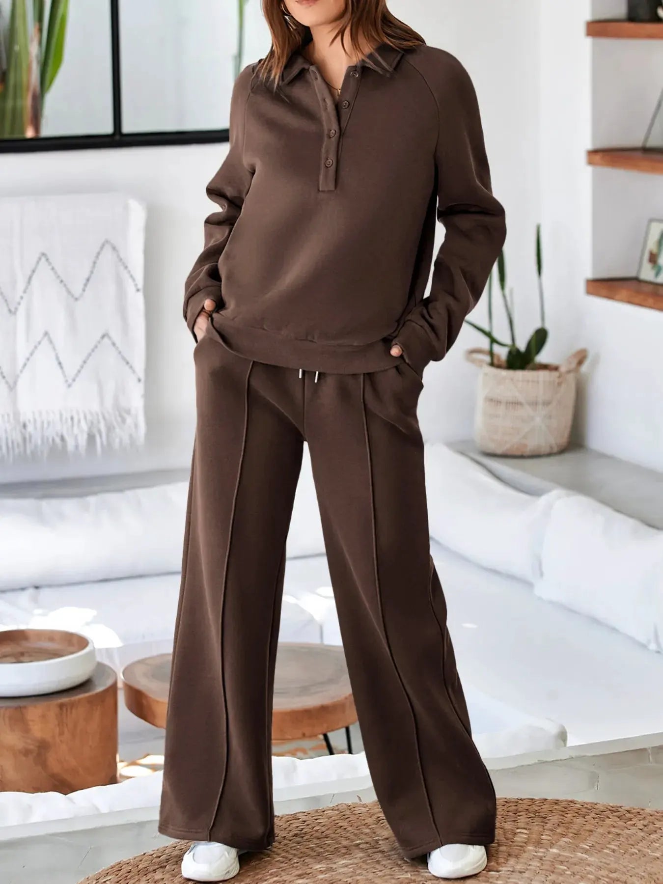 Collared Sweatshirt and High Waist Pants Active Set by Partner Label