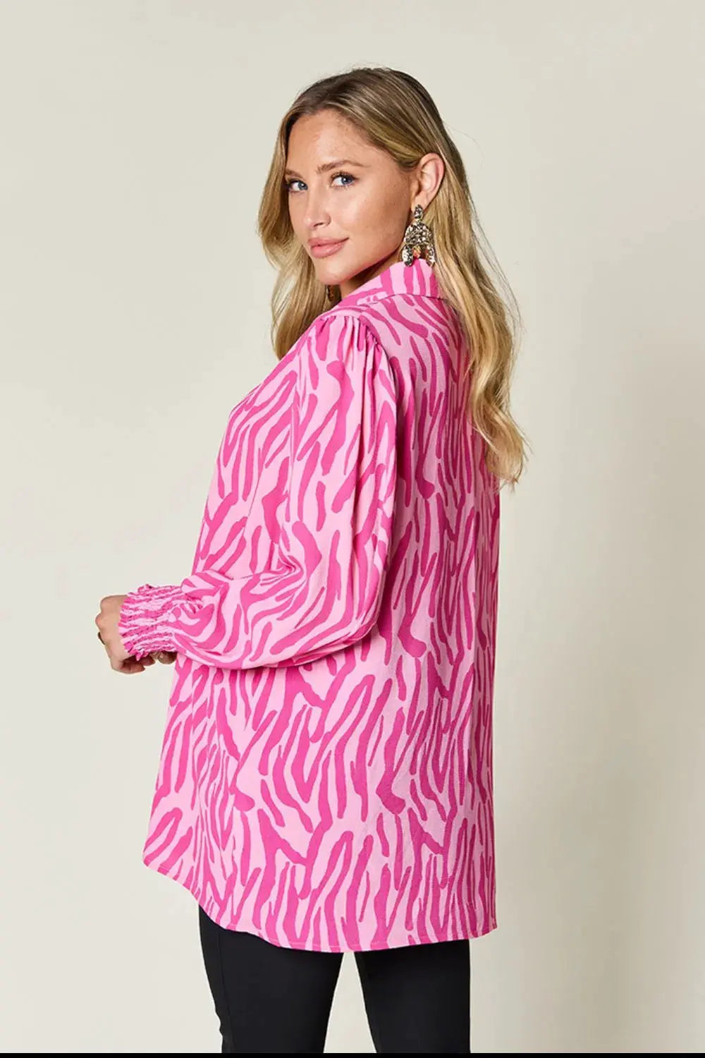 Double Take Full Size Printed Smocked Long Sleeve Blouse Plus Size by Double Take