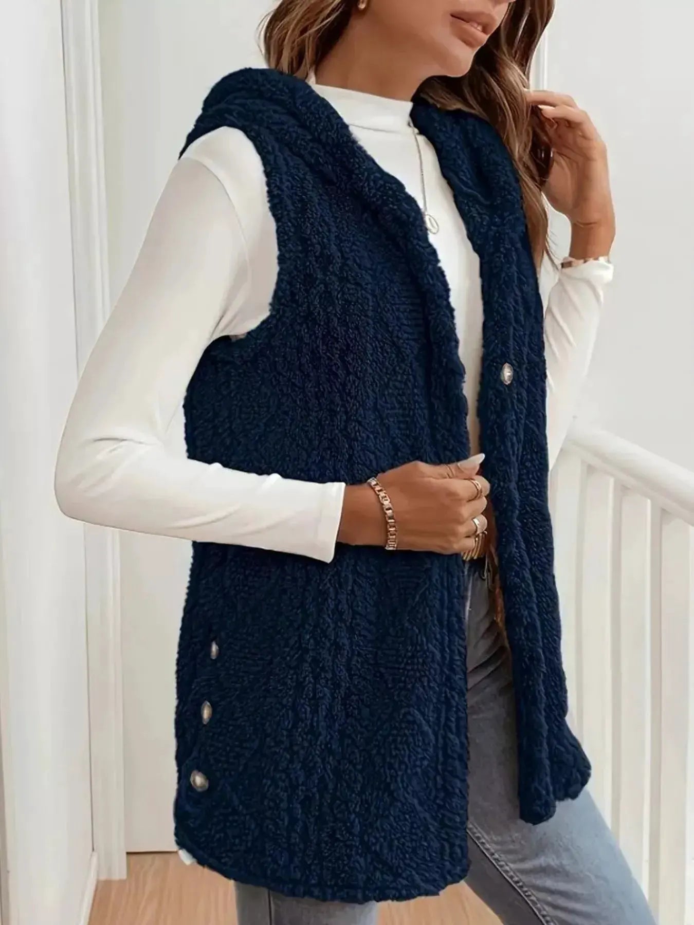 Button‑Down Sherpa Hooded Vest Coat | Partner Labels Selection by Partner Label