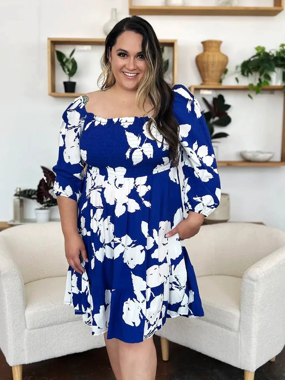 Double Take Full Size Floral Ruffle Hem Smocked Dress with Pockets by Double Take