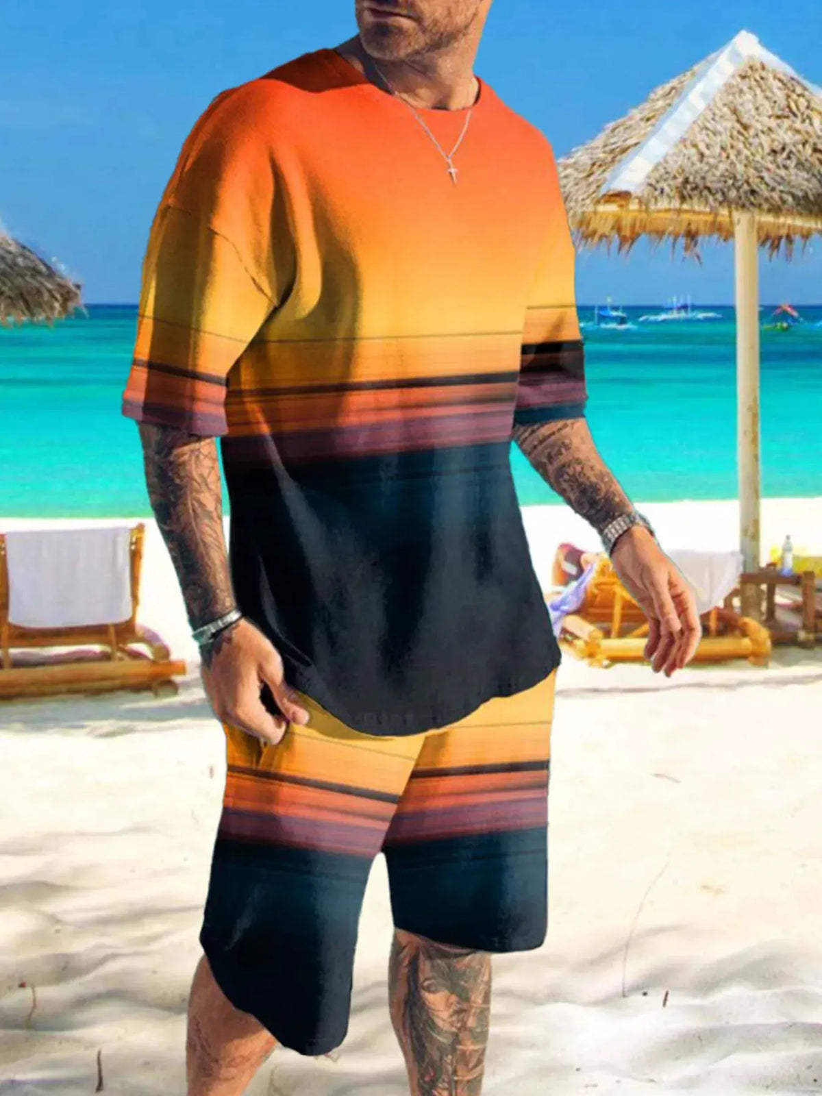 Men's Full Size Printed Short Sleeve Tee and Shorts Set Plus Size by Trendsi